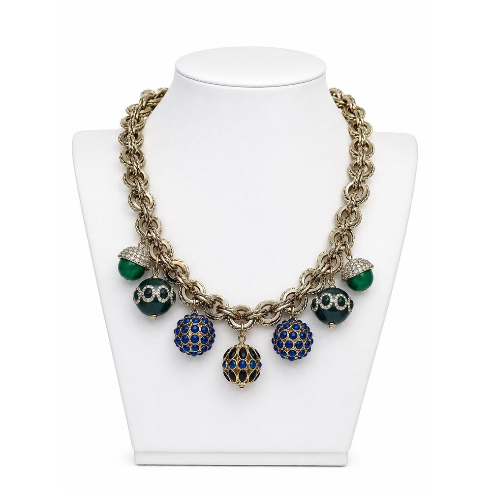 Ann Taylor Statement Necklace Gold Tone Blue Green Beaded Charm Crystal Chunky C